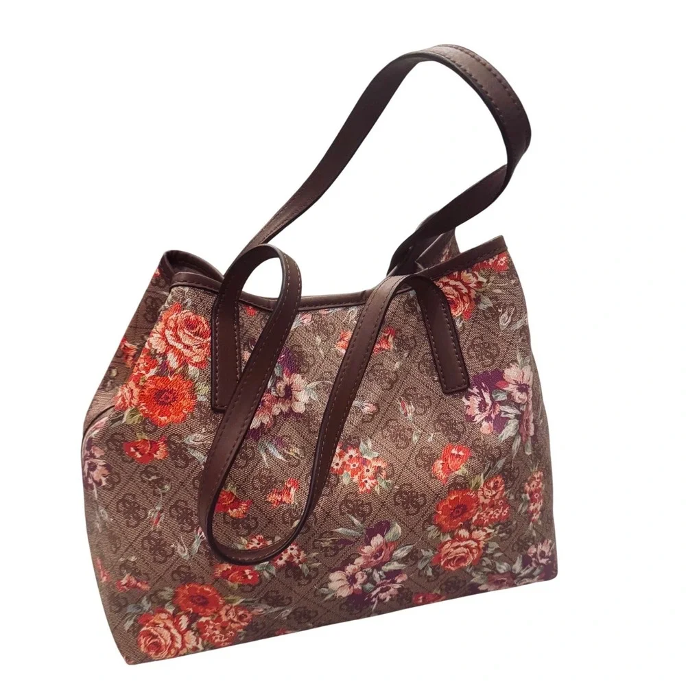 Guess Vikky floral Monogram‎ Tote Bag Brown Rose Print FL699523 11x13x6